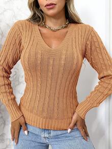 Knitwear From The Line Blouse Long Sleeve V-Neck Basic Braid - Khaki - View 1