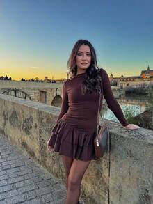 Women's Elegant Party Knit Turtleneck Long Sleeve Patchwork Ruffle Hem Mini Dress Women's Solid Color Ruffle Fitted Mini Dress - Coffee - View 7