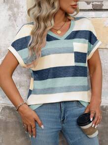 Maglietta casual elegante da donna taglia curvy, stile vacanziero di primavera/estate, a maniche corte, con righe e orlo arrotolato