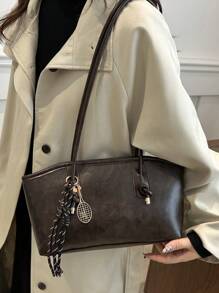 1 pieza Bolso de bolos de color marrón café acolchado con cremallera y unicolor de PU, grande y con capacidad, nueva moda con textura de fieltro, estilo retro de silla de montar para el hombro, adecuado para uso diario de mujeres