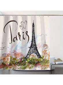 [1/4 peças Conjunto de Cortina de Chuveiro da Torre Eiffel] 1/4 peças Conjunto Elegante de Cortina de Janela do Banheiro, com 12 Ganchos, Acessórios de Decoração de Banheiro, Conjunto de Cortina de Chuveiro Impermeável de Poliéster, Adequado para Todas as Férias Volta às Aulas