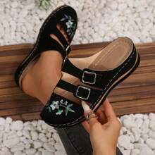 Women's Embroidered Platform Thick Bottom Wedge Heeled Hollow Out Casual Sandals