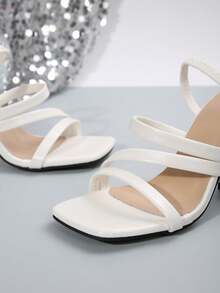 春夏新款百搭方头罗马凉鞋，粗跟经典高跟绑带凉鞋 - 白色 - 查看 8