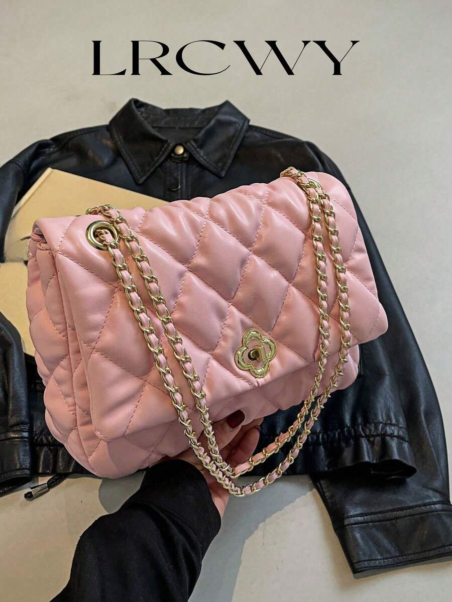 Ladies' Shoulder Bag Diamond Pattern Embroidery Flap Soft Pillow Bag Large Capacity Top Handle Fashion Handbag - Pink - View 1