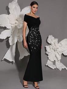 Handmade Beaded Off-Shoulder Bodycon Bandage Dress, Sexy & Fitted, Suitable For Family Gatherings, Parties, Formal Events - Black - View 7