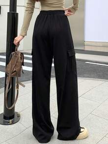 1件装少女户外休闲宽松多口袋工装裤 - 黑色 - 查看 3