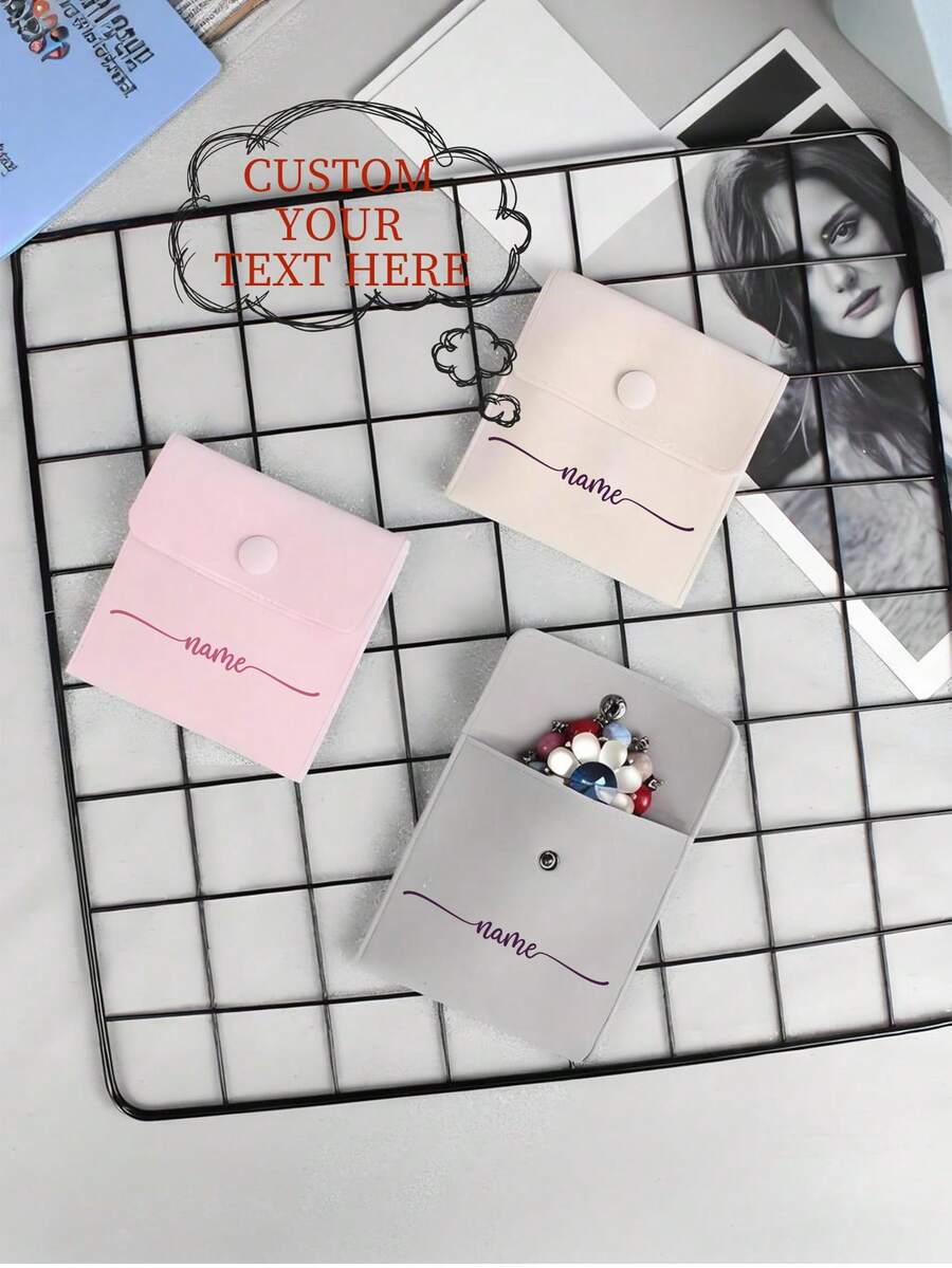 Customizable Personalized Name Jewelry Bag Packaging Bag, Soft Velvet Gift, Bracelet, Necklace, Earring, Ring Storage Bag, Button Velvet Bag, Double-Sided Plush Jewelry Packaging Bag, Macaron Color Flip Button Pouch, Jewelry Storage Bag