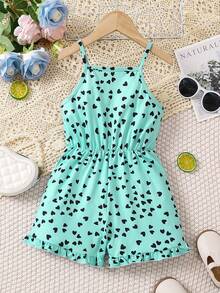 Young Girl Fashion Heart Pattern Spaghetti Strap Jumpsuit, Suitable For Summer - Green - View 7