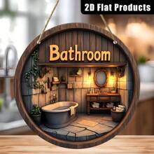 Decoração de Parede de Banheiro de Madeira Rústica - Placa Redonda Suspensa com Cena Interior Detalhada, Decoração Clássica de Casa para Espaço de Relaxamento, Sem Eletricidade, Arte de Parede de Banheiro | Decoração de Parede Decorativa | Decoração em Tom Terroso, Decoração de Banheiro