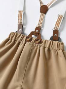 2pcs Young Boys Gentleman Outfit: Short Sleeve Collared Shirt With Bowknot And Suspender Shorts, Fashionable And Stylish For Parties, Birthdays, Weddings, And Ring Bearer Ceremonies