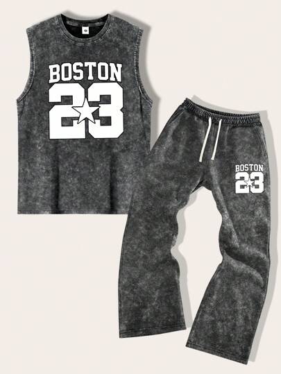 Conjunto deportivo casual de verano para hombre compuesto por camiseta sin mangas + pantalones con pierna acampanada y cintura con cordón - Para calle, gimnasio, exterior, senderismo, camping, jogging, playa - Estampado numérico y de letras