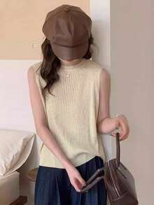 女士无袖背心，夏季新品，设计感独特，交叉 - 杏色 - 查看 3