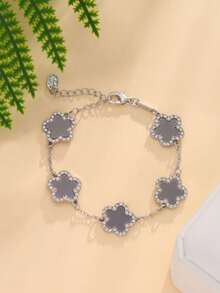 1 件灰色五叶草水钻镶嵌手链，时尚优雅，适合女性（无盒） - 銀色 - 查看 6