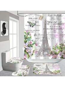 [1/4 peças Conjunto de Cortina de Chuveiro da Torre Eiffel] 1/4 peças Conjunto Elegante de Cortina de Janela do Banheiro, com 12 Ganchos, Acessórios de Decoração de Banheiro, Conjunto de Cortina de Chuveiro Impermeável de Poliéster, Adequado para Todas as Férias Volta às Aulas