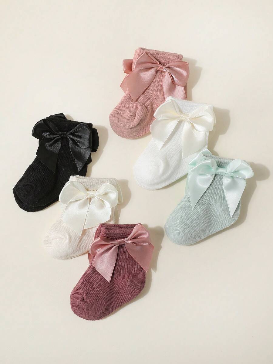 6 Pasang Kaos Kaki Pendek Bayi/Balita Perempuan dengan Hiasan Pita, Bernapas, Musim Semi/Panas - MultiWarna - View 1