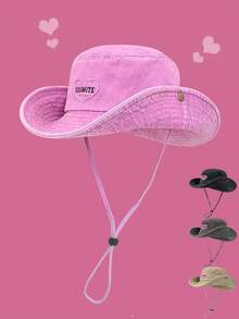 1pc Unisex Sweet Cute Heart Embroidered Pink Patch Bucket Hat With Wind Cord, Versatile For Outdoor Hiking, Fishing, Sports, Beach, Riding, Travel,Summer - Pink - View 11