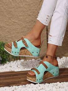 2025 Summer New European And American Fashion Double Buckle Rivet Decor Plus Size Wedge Thick Bottom Slide Sandals