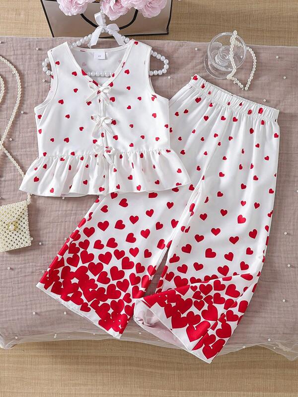 2pcs Set Girls Summer Vest & Wide Leg Pants Outfit, Heart Butterfly Print Sleeveless T-Shirt + Wide Leg Loose Heart Print Pants, Suitable For Home, Outing And As A Gift For Elders