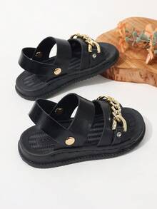 Kids' Sports Sandals With Rhinestone Chain, 2-Way Convertible Flat Beach Sandals - Black - View 5