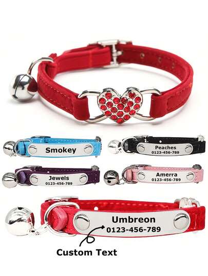1pc Customizable Adjustable Rhinestone Heart Shaped Cat Collar - Breakaway Pet Necklace With Identity Tag For Small Dogs, Personalize Name, Phone, Address, Cat Essentials & Accessories Ornamental,Engraved,Stainless Stylish,Fashion,Colorful,Vintage,Cute,Contracted,Cuties Custom,Unique,Customized,Personalized Pet For Anniversaries,For Birthdays,Vacay Vibes,Pet Lovers,Playful Pet Design
