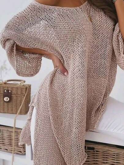Plus Size Solid Color Round Neck Casual Loose Side Slit Asymmetrical Hem Knit Pullover Sweater Spring