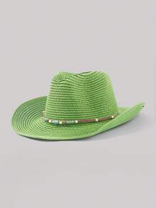 1 件纯色波西米亚休闲草编宝石牛仔帽，海滩度假防晒草帽，男女通用，适合通勤，四季皆宜