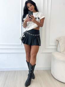 Women's Short Round Pleated Leather Skirt High Waist Fashion  Party Rodeo Nightclub Show Autumn Winter - 黑色 - 查看 2
