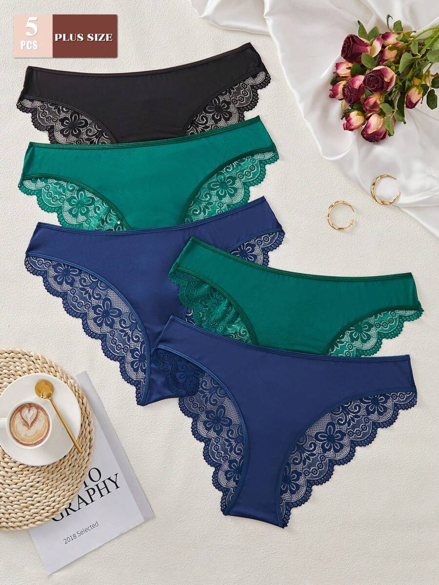 5pcs/Set Plus Size Elegant Series Lace Patchwork Underwear - Multicolor - View 1