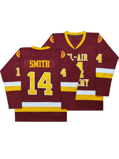 男士#14红色电影版字母与数字刺绣宽松冰球运动毛衣，V领长袖，适合秋冬休闲、派对、训练、比赛