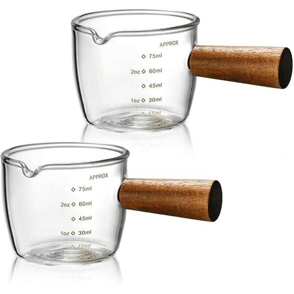 Singolo beccuccio bicchiere da caffè espresso con manico in legno, brocca misuratrice a tre beccucci, tazza per latte per caffè, caraffa di ricambio per baristi per preparare caffè espresso e latte, 75 ml