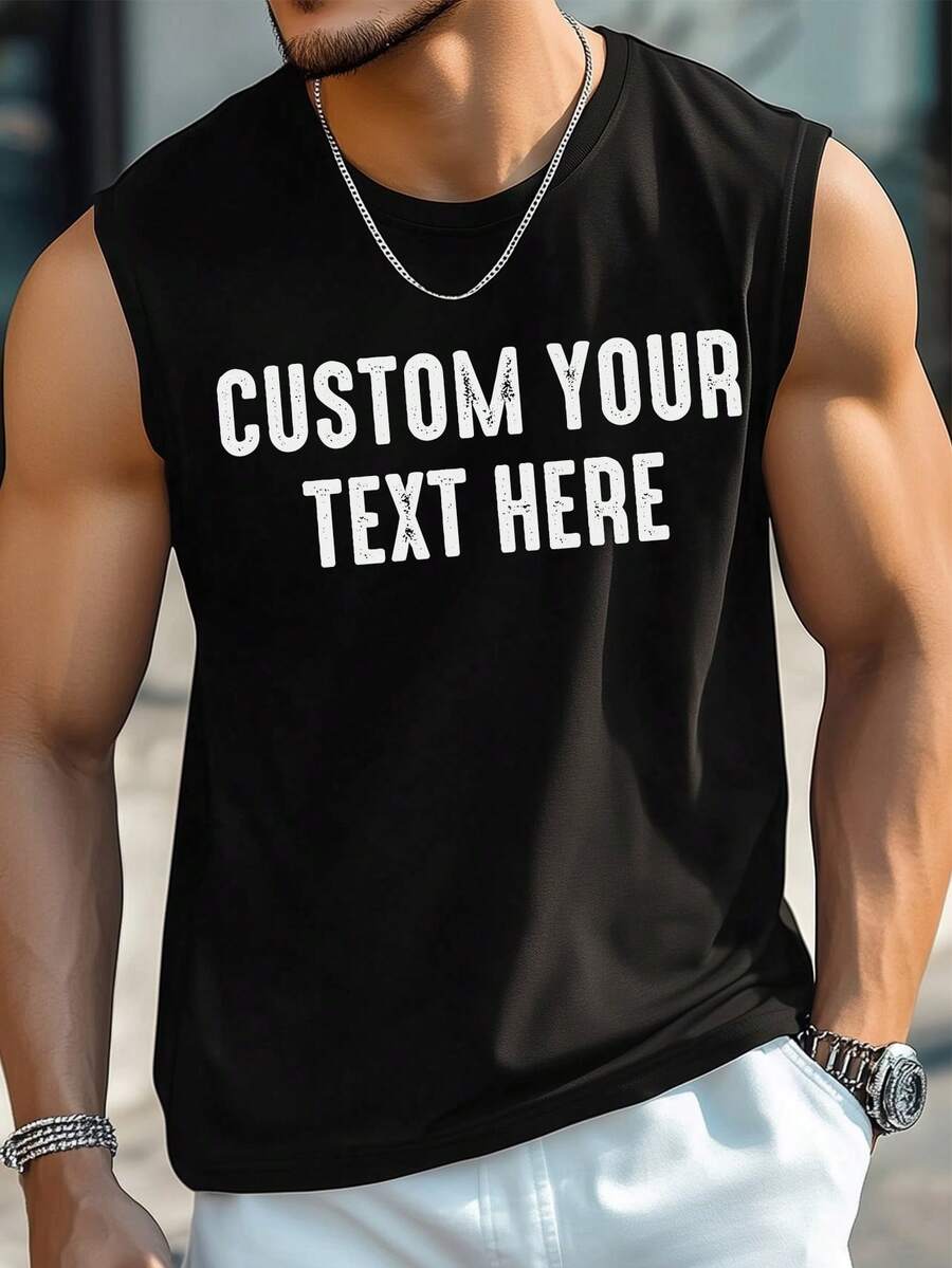 Customizable Retro Text Design Men's Sleeveless Top, Personalized Text/Blessing/Quote/Slogan/Name, Customized Personalized Text, Name & Message, Spring/Summer Men's Crew Neck Vest T-Shirt, Black Top, Music Festival, Family, Valentine's Day Gift, Anniversary Gift, Gift For Best Friends, Holiday Gift, Summer Top - Black - View 1