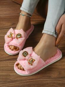 shensongni 女士蝴蝶结泰迪熊装饰毛绒拖鞋，室内拖鞋，家居拖鞋，卧室拖鞋，露趾拖鞋，四季皆宜拖鞋，公寓拖鞋，时尚性感度假风缎面平底凉鞋，粉色 - 粉色 - 查看 6