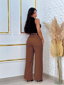 Tailored Wide Leg Pantaloons With Leather Belt - Óxido marrón - Ver 3