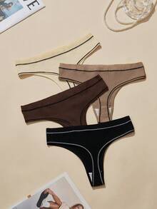 4pcs Women Letter Waistband Thong Panties, Breathable Mid-Rise Cotton Crotch Sexy Lift Briefs - Multicolor - View 2