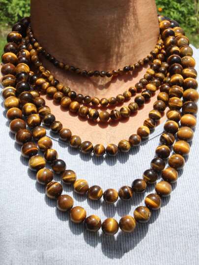 1pc Natural Tiger Eye Bead Necklace - Beaded Necklace For Men & Women, Luck & Confidence Necklace, Natural Stone Jewelry Gift