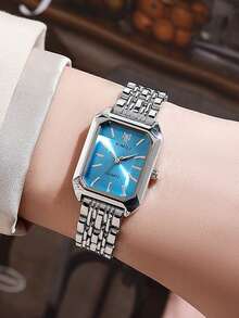 1 件时尚青少年不锈钢表带石英表，带方形表盘和标记，适合作为生日、毕业礼物