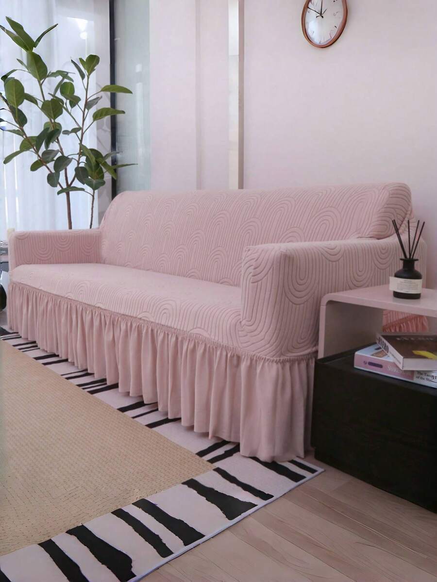 1pc Pink Jacquard Velvet Sofa Cover, With Elastic Edging, Made Of Polyester Fiber Fabric, Suitable For Living Room And Home Use, Minimalist & Modern Design - Pink - View 1