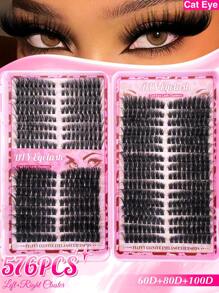 640 piezas/576 piezas Racimos de pestañas individuales de ojo de gato de 10-18 mm izquierdo y derecho para pestañas en racimos individuales apareados,extra gruesas y naturales, con efecto aterciopelado, ultra suaves y súper ligeras. Kit de extensión de pestañas DIY para principiantes para usar en casa, vida diaria, regalos, viajes y festivales de música