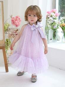 Baby Girls' Lavender 3D Bow Star Sequin Mesh Elegant Princess Dress, Suitable For 1st Birthday Party, Wedding, Flower Girl, Holiday Celebration - Mauve Purple - View 3