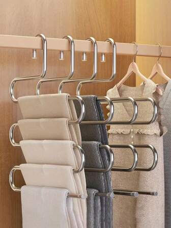 1pc/2pcs 5层衣架，家用不锈钢防滑裤架，不锈钢S型防滑裤架，五层裤子收纳架，多功能蛇形衣架，浴室毛巾架