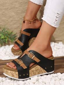2025 Summer New European And American Fashion Double Buckle Rivet Decor Casual Plus Size Wedge Platform Slide Sandals