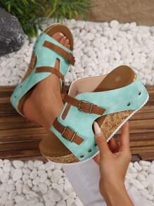 2025 Summer New European And American Fashion Double Buckle Rivet Decor Plus Size Wedge Thick Bottom Slide Sandals