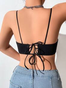 1pc Women's Solid Ribbed Bowknot Strap Comfy Lingerie - Black - View 1
