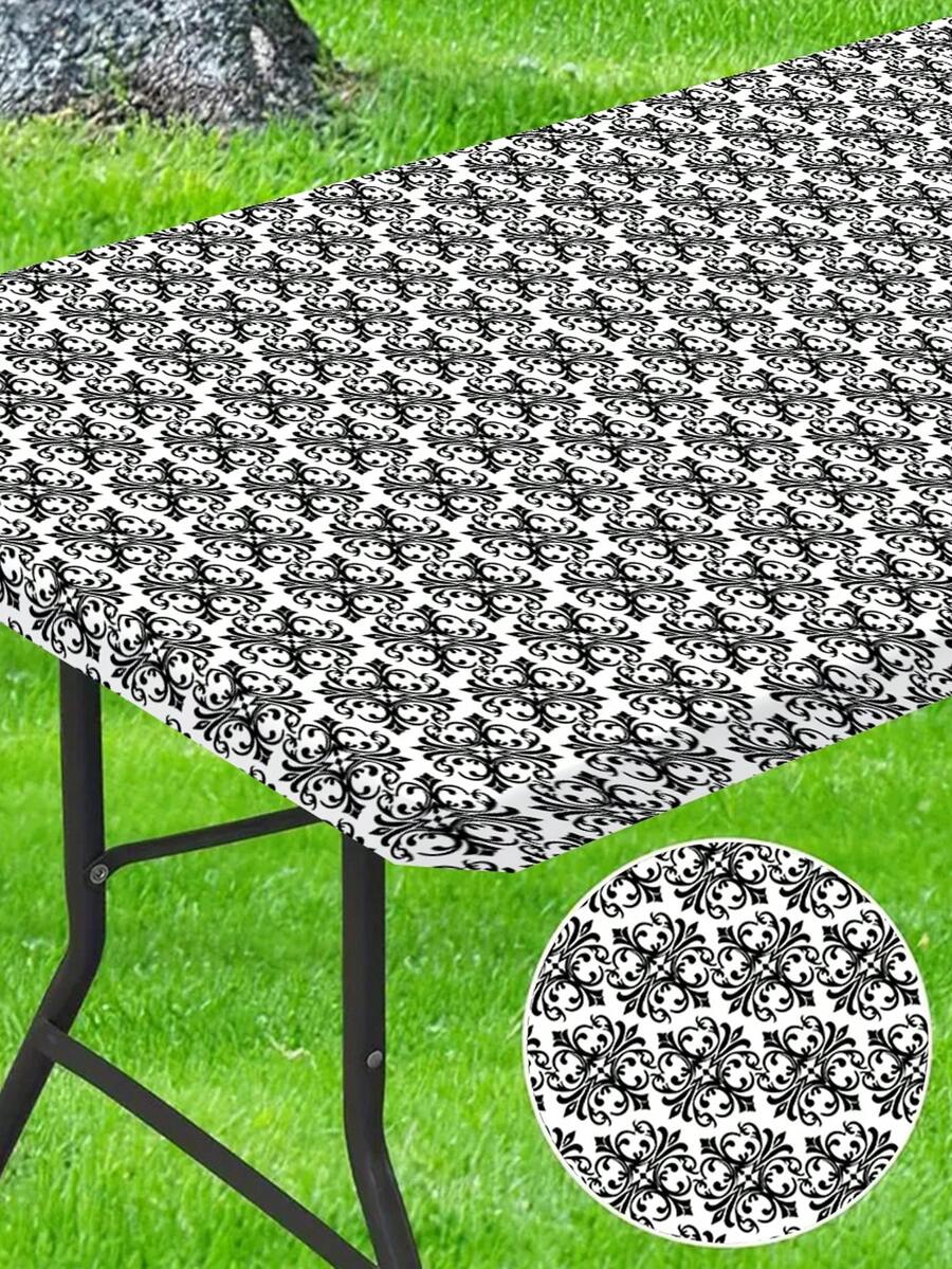 1pc Baroque Style Rectangular Tablecloth With Flowering Shrub Pattern, Elastic Fit For 6ft Folding Table, Washable For Picnic, Camping, Outdoor Events, Graduation Party Decor - Multicolor - View 1