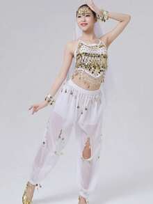 Women's Style Sparkling Belly Dance Three Pieces Set: Sequined Top + Lantern Pants + Headscarf Set For Halloween Carnival Party Stage Performance Costume