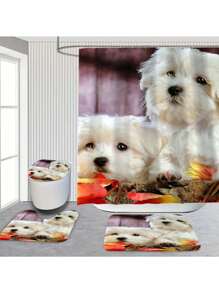 1 Peça/4 Peças Conjunto de Banheiro com Tema de Cachorro Fofo, Inclui Cortina de Chuveiro, Tapete Antiderrapante, Tampa de Assento Sanitário, Tapete de Banheiro e 12 Ganchos de Plástico - Lavável em Máquina, Decoração de Banheiro em Poliéster Impermeável, Adequado para Todas as Estações e Feriados - Conjunto de Acessórios de Banheiro com Tema Natural Volta às Aulas