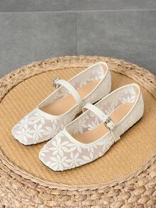 Bailarinas planas blancas para mujer con bordado floral, sandalias de verano con malla transpirable y recortes, diseño de punta cuadrada apta para pies anchos, estilo de tipo Mary Jane - Blanco - Ver 6