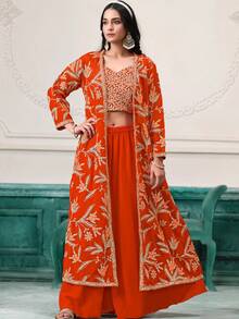 Indo-Western Embroidered Faux Georgette Wedding Wear Jacket Style Sharara Suit For Girls & Women - 橘色 - 查看 1