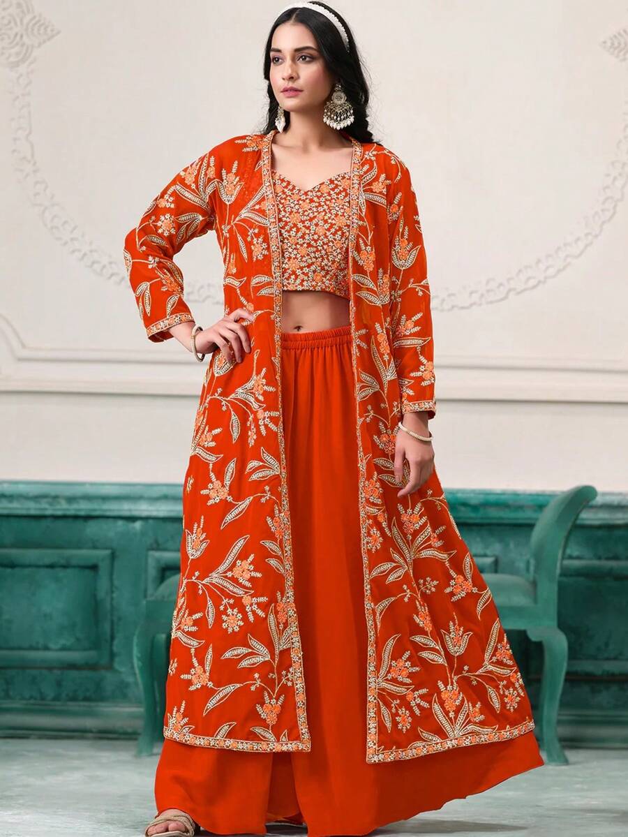 Indo-Western Embroidered Faux Georgette Wedding Wear Jacket Style Sharara Suit For Girls & Women - 橘色 - 查看 1
