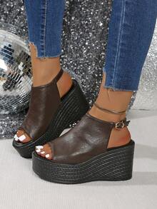 时尚女士踝带厚底凉鞋 - 露趾设计，高跟系带闭合，一脚蹬，百搭 - 棕色 - 查看 6